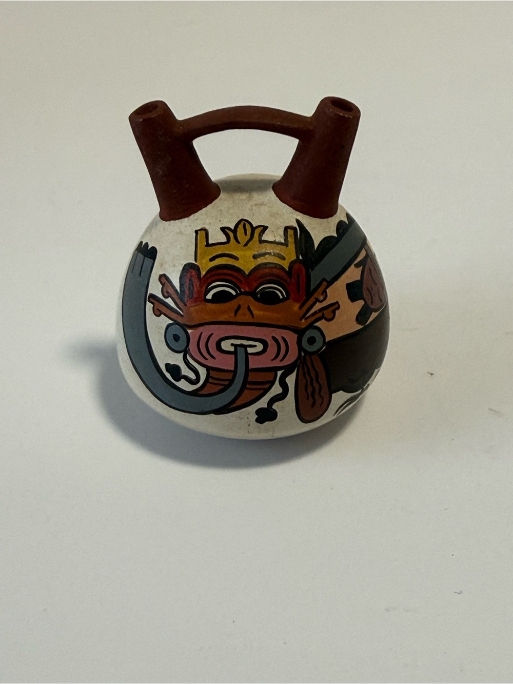 Vintage Nazca Peru Pottery Bridge Spout Vessel Hand Painted Mythical Deity